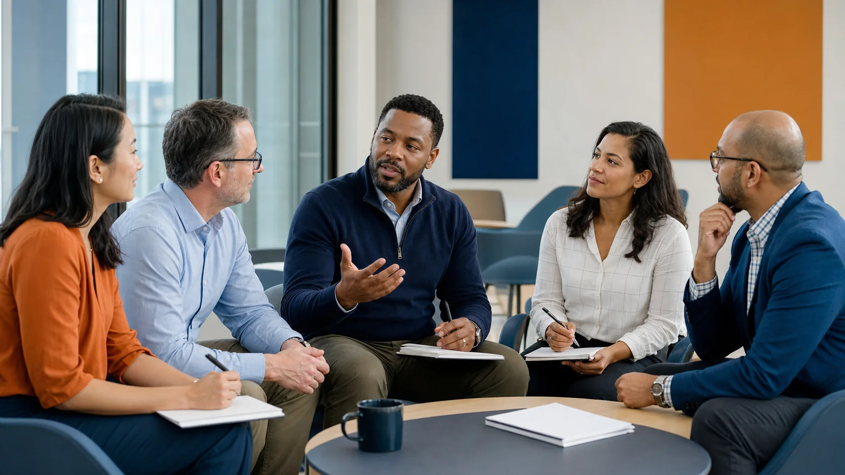 Diverse adult students and working professionals discussing leadership together