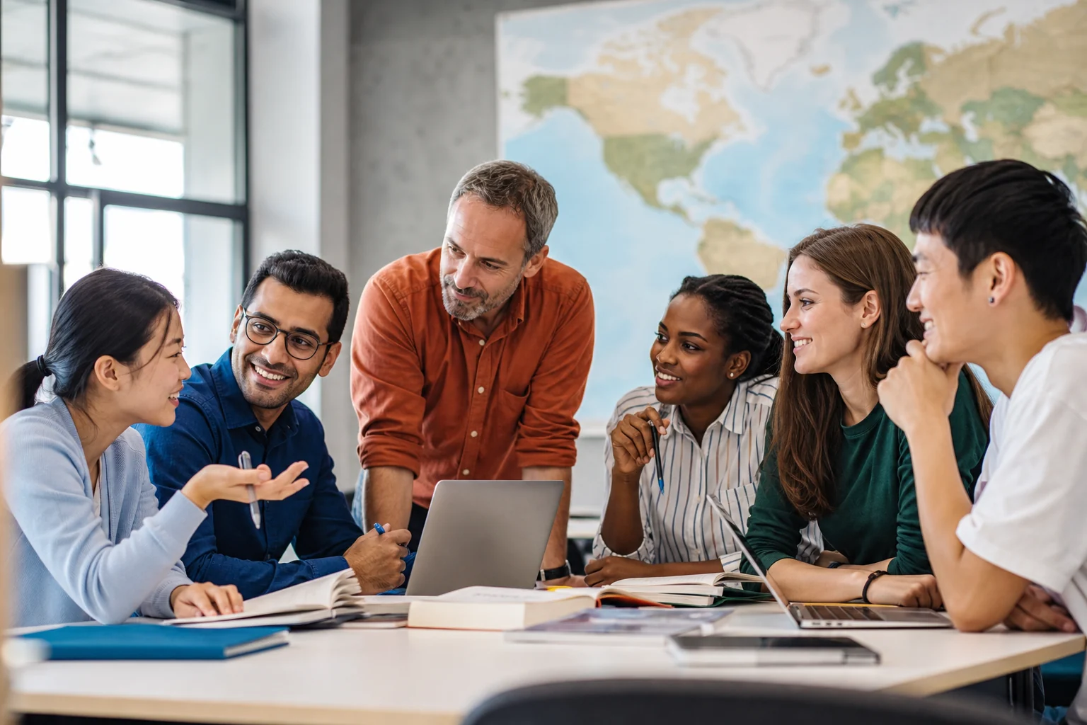 International students and adult learners collaborating on an academic project