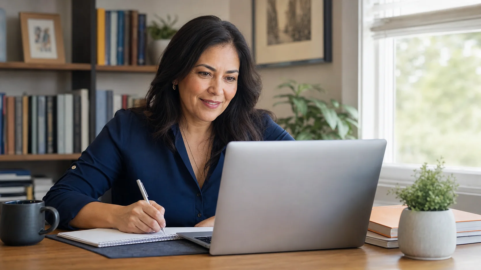 Mature adult learner studying online from a quiet home office