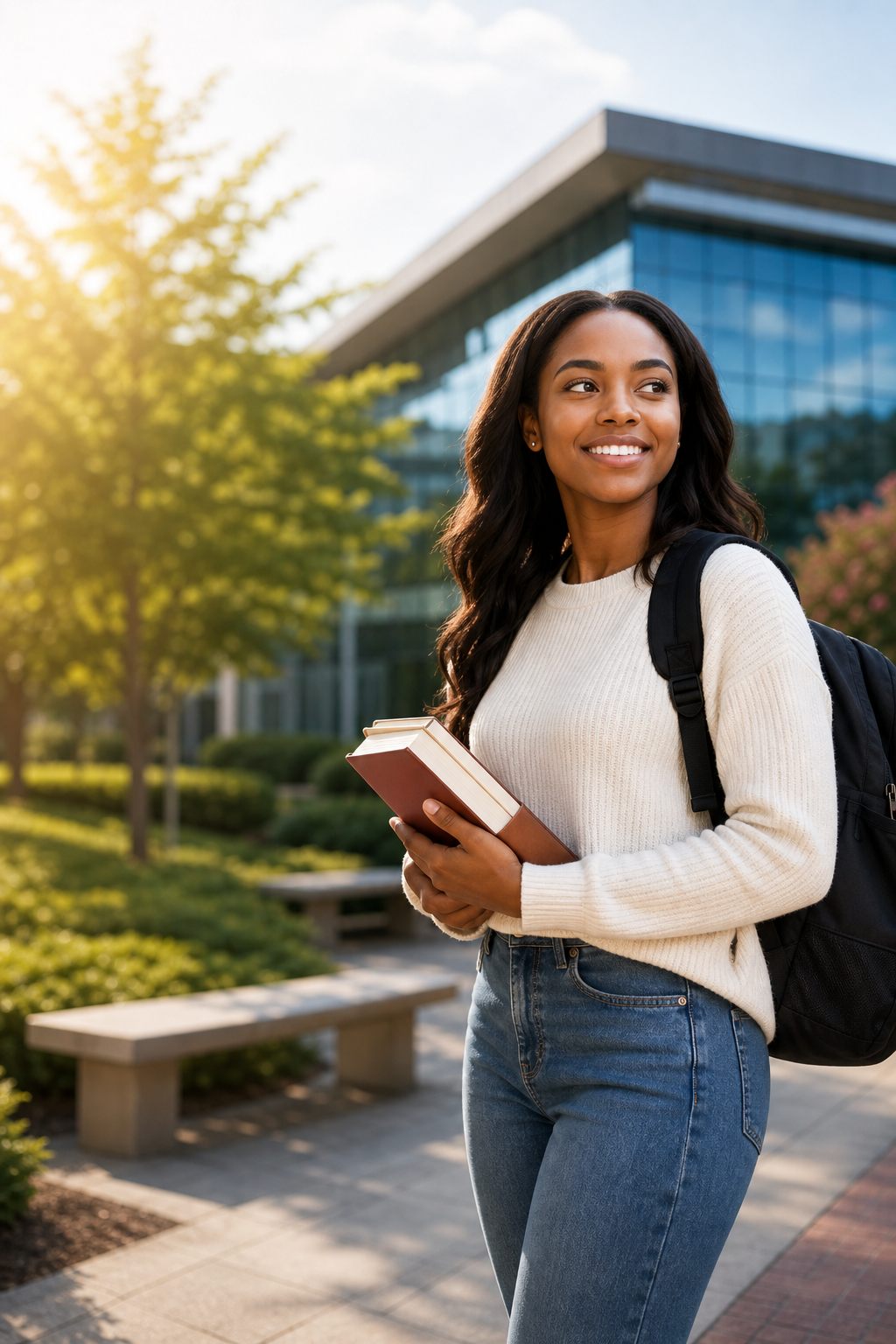 University student holding books on campus